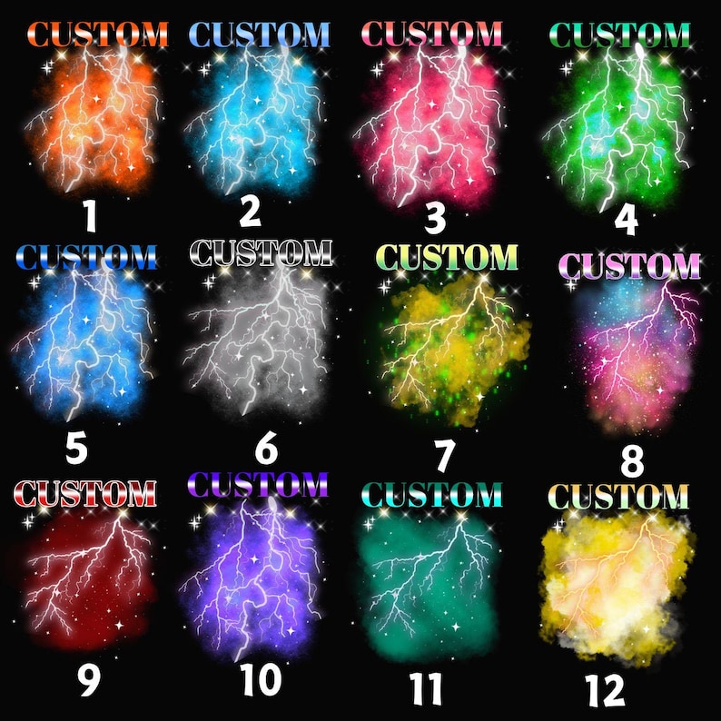K&ouml;nnte beinhalten: Zw&ouml;lf verschiedene Designs von Blitzen vor einem galaktischen Hintergrund. Jedes Design ist von 1 bis 12 nummeriert. Die Blitze sind in verschiedenen Farben, darunter Orange, Blau, Pink, Gr&uuml;n, Grau, Gelb, Rot, Lila und T&uuml;rkis.