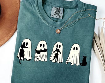 Halloween Black Cat & Ghost Comfort Colors Shirt, Halloween Ghost Tshirt, Spooky Season Cat Tee, Halloween Cute Women Outfit, Halloween Gift