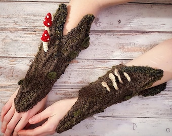 Digital Crochet PATTERN: Bark Gauntlets Bracers | Whimsical Mushroom Tree Moss Cottagecore Goblincore Fantasy LARP Elf Fae Cosplay Armor