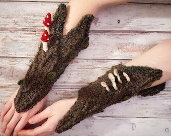 Bark Gauntlets Crochet PATTERN | Whimsical Goblincore Elven Tree Armor Bracers with Mushrooms and Moss