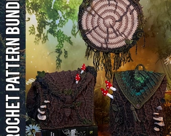 Virkmönster till Bark Bag-paket: Ryggsäck, Skolväska, Handväska | Whimsical Mushroom Goblincore Accessoarer