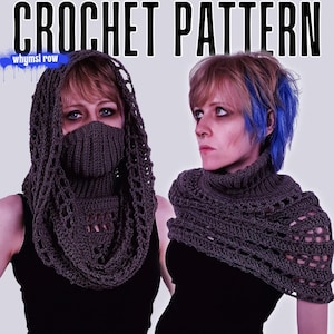 May include: Image of two people wearing dark gray crochet cowls and hoods. The text "CROCHET PATTERN" is at the top of the image. The cowl on the left has a face covering. The text "whymsi row" is in the upper left corner.