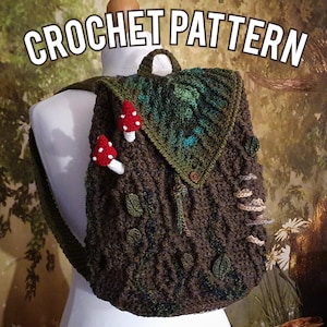 Bark Backpack Crochet PATTERN | Whimsical Goblincore Bag with Mushrooms, Leaves and Moss