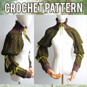 May include: Crochet pattern for a green and brown shawl with long sleeves. The shawl has a high neckline and a tie at the neck.