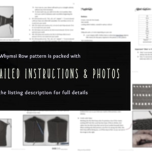 May include: A page from a crochet pattern with the text "Every Whymsi Row pattern is packed with DETAILED INSTRUCTIONS & PHOTOS." The image includes a crochet project, instructions, and a list of stitch abbreviations.