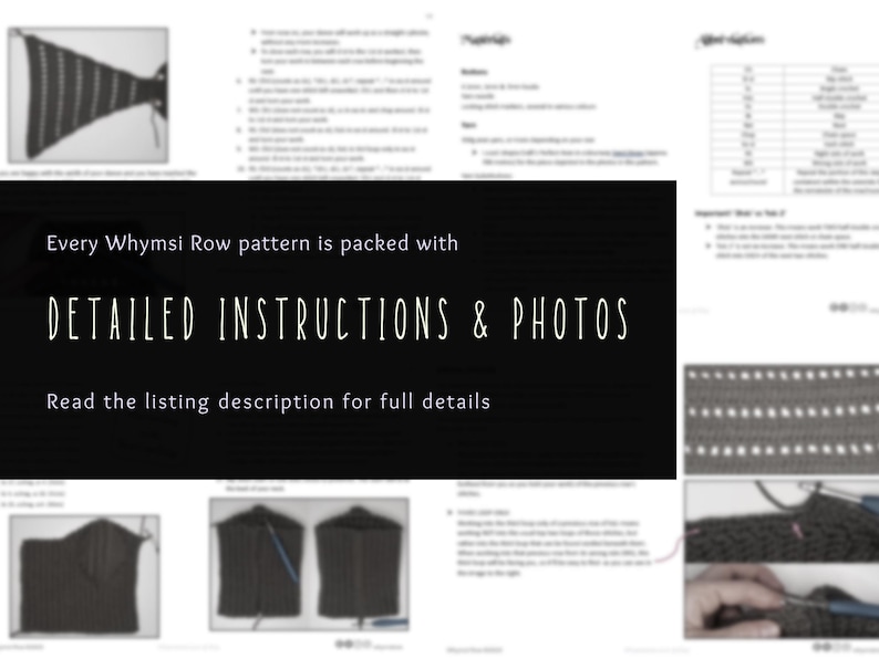 May include: A page from a crochet pattern with the text "Every Whymsi Row pattern is packed with DETAILED INSTRUCTIONS & PHOTOS." The image includes a crochet project, instructions, and a list of stitch abbreviations.