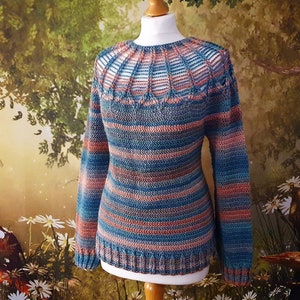 Pull Sunset Fern - crocheté avec fantaisie en bleu sarcelle et rose