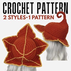 Pode incluir: Um padrão de crochê intitulado CROCHET PATTERN 2 STYLES 1 PATTERN apresentando dois chapéus cor de ferrugem com acabamento amarelo. Um chapéu tem formato de folha de cinco pontas visto de cima, o outro é um chapéu pontudo com ponta curva.
