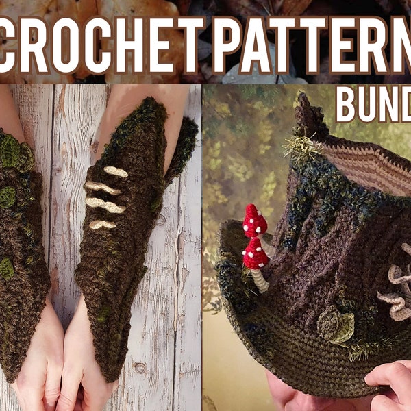 Digital Crochet PATTERN BUNDLE: The Pixie Perch Top Hat and Bark Gauntlets Bracers | Mushroom Tree Moss Cottagecore Goblincore LARP Armor