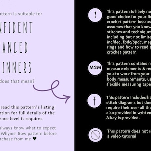 May include: A crochet pattern suitable for confident, advanced beginners. The text on the image explains the pattern's features, including made-to-measure elements and stitch diagrams. It also notes the pattern does not include a video tutorial.