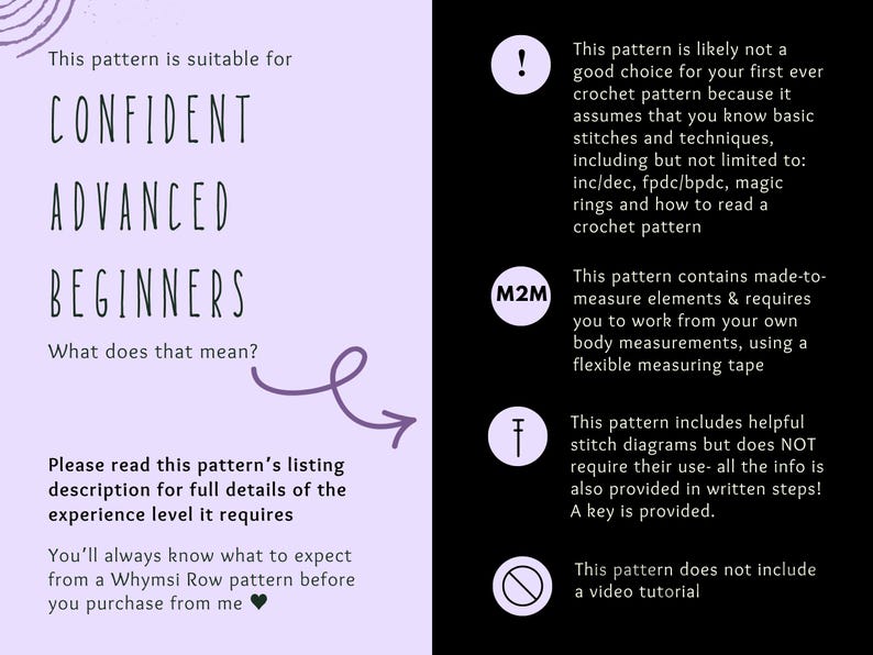 May include: A crochet pattern suitable for confident, advanced beginners. The text on the image explains the pattern's features, including made-to-measure elements and stitch diagrams. It also notes the pattern does not include a video tutorial.