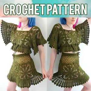 Digital Crochet PATTERN: The Leaf Burst Crop Top and Skirt | Whimsical Moss Lace Granny Square Cottagecore Goblincore Fairycore Fae PDF