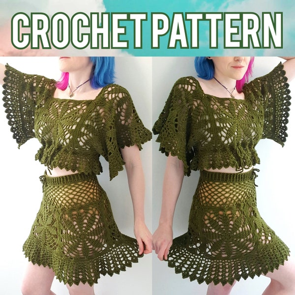 Digital Crochet PATTERN: The Leaf Burst Crop Top and Skirt | Whimsical Moss Lace Granny Square Cottagecore Goblincore Fairycore Fae PDF