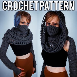 Könnte beinhalten: Das Bild zeigt ein Häkelmuster mit dem Text "CROCHET PATTERN" oben. Das Bild zeigt einen grauen Häkelkragen und Armstulpen mit passendem Gesichtsschutz. Das Häkeldesign weist Lochmuster und eine gerippte Textur auf.