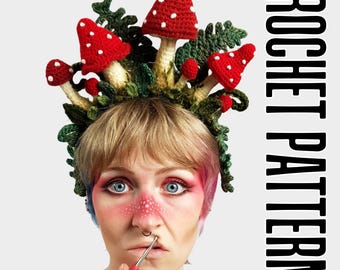 Amanita Crown Crochet PATTERN | Whimsical Cottagecore Headdress, Goblincore Mushroom Headpiece, Fantasy Festival Headband
