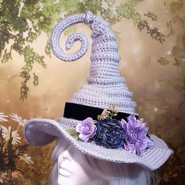 The Purple and Silver floral Spiral Witch Crochet Hat | Fairycore Fantasycore Cottagecore Whimsical Good Witch Cosplay Costume