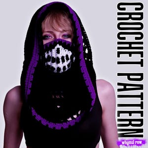 May include: A black and purple crochet hood with a skull-like mask. The hood has a purple trim and is worn over a black top. The text "CROCHET PATTERN" is displayed vertically on the right side of the image.