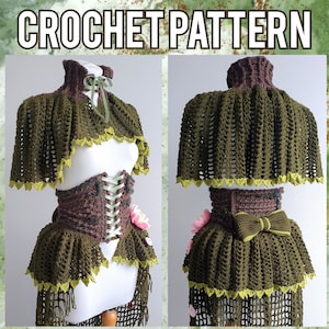 Ekho Set Crochet PATTERN Bundle - Corset Belt, Skirt, Bustle, Capelet | Whimsical Victorian Goblincore Tree Bark Costume with Moss