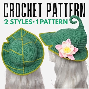 Puede incluir: Un patrón de ganchillo titulado CROCHET PATTERN 2 STYLES 1 PATTERN que muestra dos sombreros verdes. Uno tiene forma de hoja con venas amarillas, y el otro es un sombrero puntiagudo con una punta rizada y una flor rosa y amarilla.
