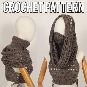 May include: A brown crochet top with a high neck and a lace-up back. The top has a loose, open-weave design.