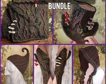 Digital Crochet PATTERN BUNDLE: The Bark Pack- Satchel, Top Hat, Cap, Gauntlets, Hood | Mushroom Tree Moss Cottagecore Goblincore LARP Armor