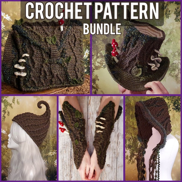 Digital Crochet PATTERN BUNDLE: The Bark Pack- Satchel, Top Hat, Cap, Gauntlets, Hood | Mushroom Tree Moss Cottagecore Goblincore LARP Armor