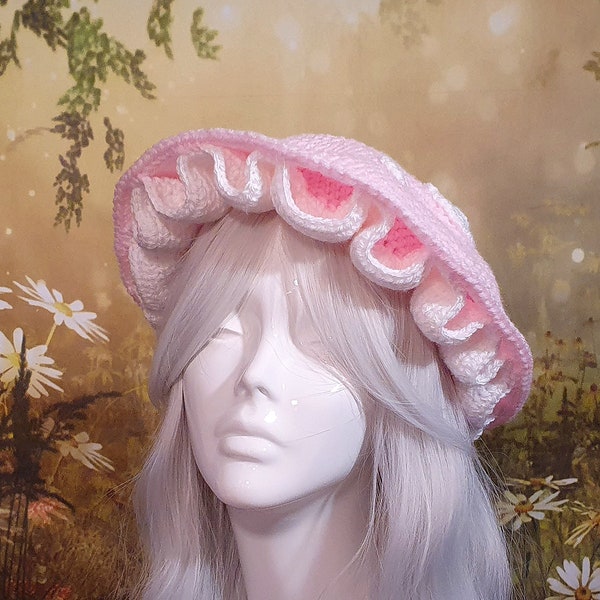 Prêt à expédier : Bonnet au crochet en forme de champignon (Rose bébé) | Déguisement Cosplay Mushroomcore Fairycore Fantasycore Cottagecore Fleur lunatique Fae