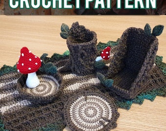 Digital Crochet PATTERN: The Woodland Desk Set | Whimsical Mushroom Tree Bark Moss Cottagecore Goblincore Fairycore Phone Pencil Cup PDF