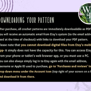 May include: Black background with white text that reads "DOWNLOADING YOUR PATTERN". Instructions for downloading crochet patterns are listed. A logo with the letters "WR" in a circle is in the upper right corner.