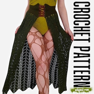 May include: A green crochet skirt with a high waist and a lace-up corset design. The skirt has a split front, revealing patterned tights. The text "CROCHET PATTERN" is displayed vertically on the right side of the image, with "whymsi row" at the bottom.