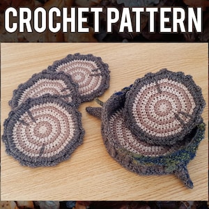 Padrão de crochê para conjunto de porta-copos Heartwood | Acessório rústico Goblincore em fatia de madeira com musgo