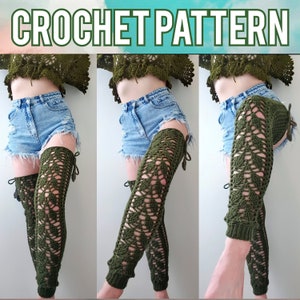 May include: A pair of green crochet leg warmers with a lacy pattern. The leg warmers are worn over denim shorts.