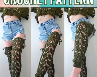 The Trailing Leaf Thigh Highs Crochet PATTERN | Whimsical Moss Lace Granny Square Socks Cottagecore Goblincore Fairycore Fae Leg Warmers