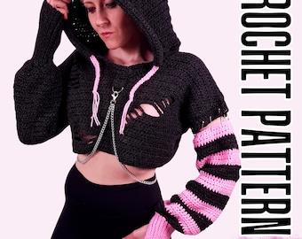 Cyber Stitch Distressed Hoodie Crochet PATTERN | Alternative Emo Techwear Punk Top with Chains