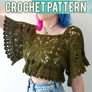 Digital Crochet PATTERN: The Leaf Burst Crop Top | Whimsical Moss Lace Granny Square Cottagecore Goblincore Fairycore Fae Sweater Jumper PDF