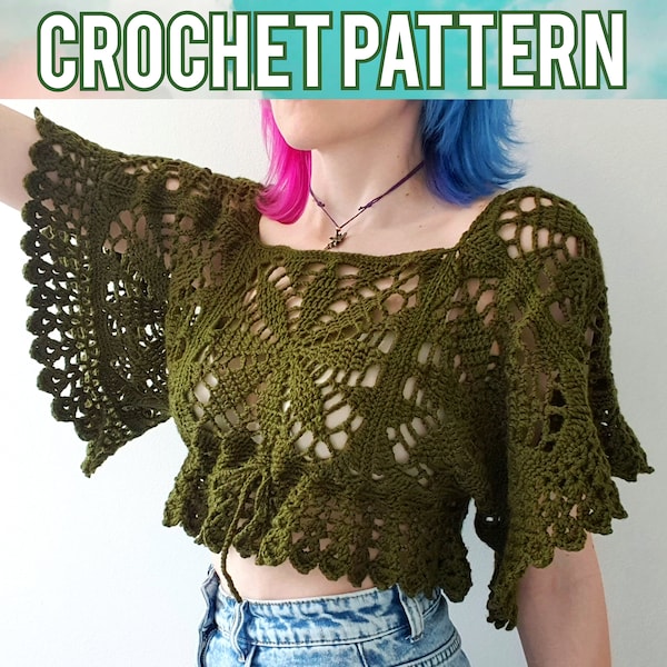 Leaf Burst Crop Top Crochet PATTERN | Whimsical Moss Lace Granny Square Beach Cover
