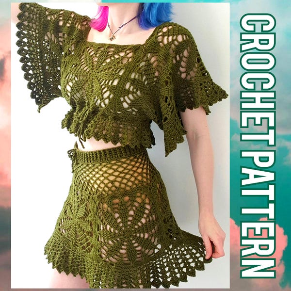Leaf Burst Crop Top and Skirt Crochet PATTERN | Whimsical Moss Lace Granny Square Co-Ord