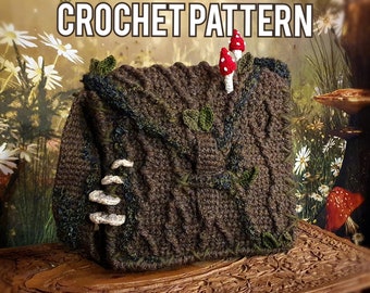 Digital Crochet PATTERN: The Bark Satchel Bag | Whimsical Mushroom Tree Bark Moss Cottagecore Goblincore Fantasy LARP Steampunk Purse PDF