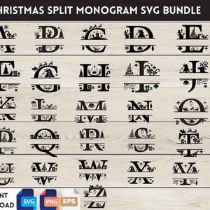 Kerst gesplitste monogramletters, kerst Svg-bestanden knippen, 26 kersthoofdletters, naam splitsen, sublimatie, clipart, 26 SVG, EPS, PNG