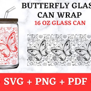 Floral glass can Wrap SVG, Libbey Glass Svg, Libbey Glass Png ,flower and butterfly SVG, Libbey Glass Svg files for cricut ,16 oz Glass Can