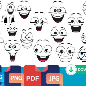Cartoon Emotion Faces SVG Bundle, Kawaii Face SVG, Cute Funny Face SVG, Emoji face, cartoon face clipart, comics face, png, silhouette