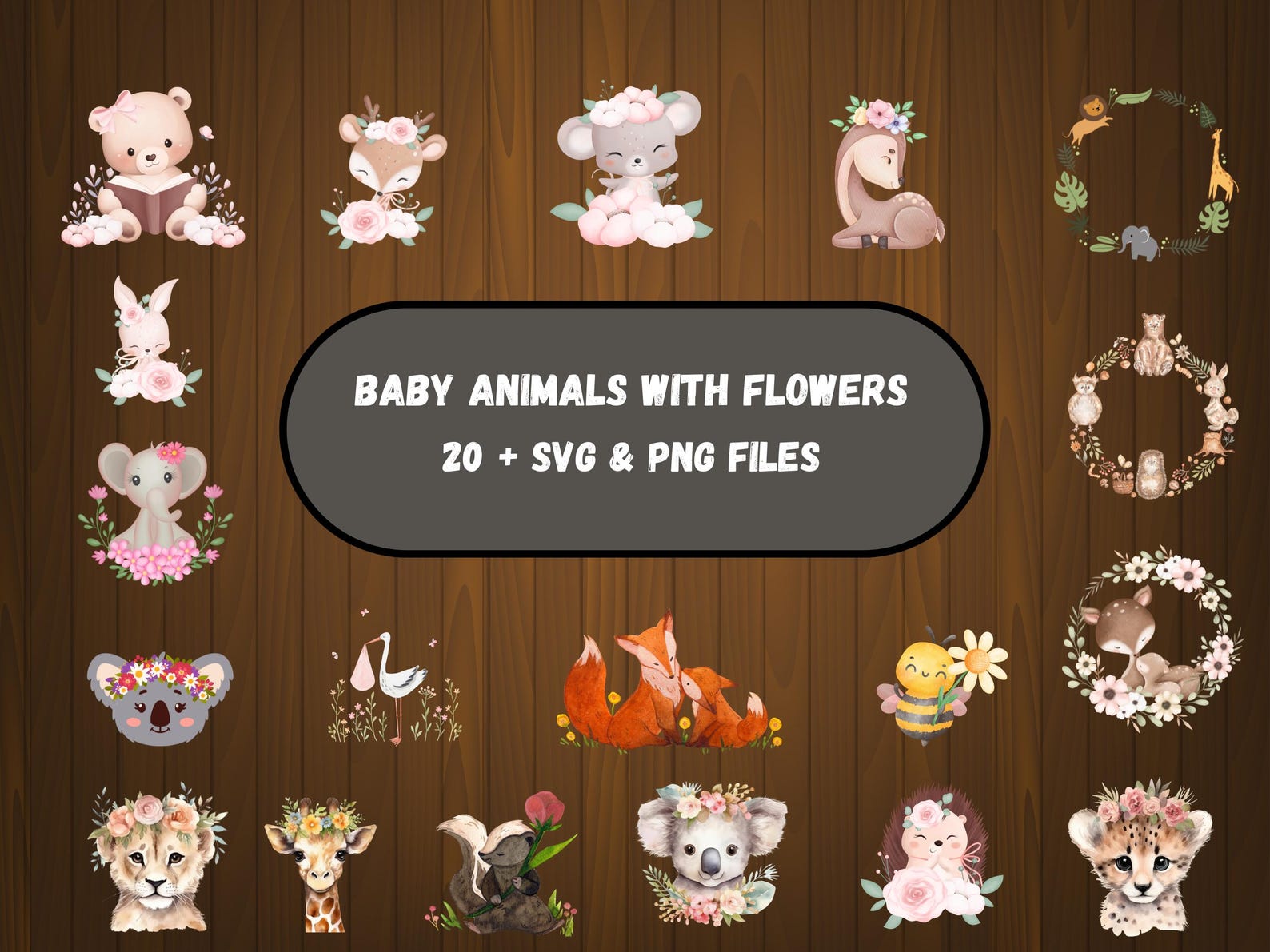Baby Animals With Flowers SVG Bundle | Cute Floral Animal Clipart ...