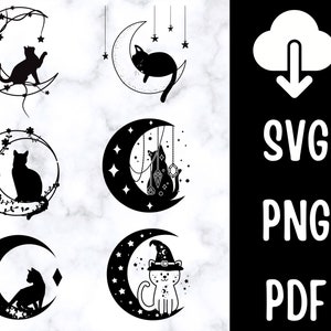 Gatto e la luna SVG Gatto e la luna Silhouette Mandala Luna Halloween SVG Gatto nero Boho svg File PNG mistici