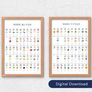 Japanese Hiragana & Katakana with picture chart Digital Prints, Instant Download Japanese learning Poster