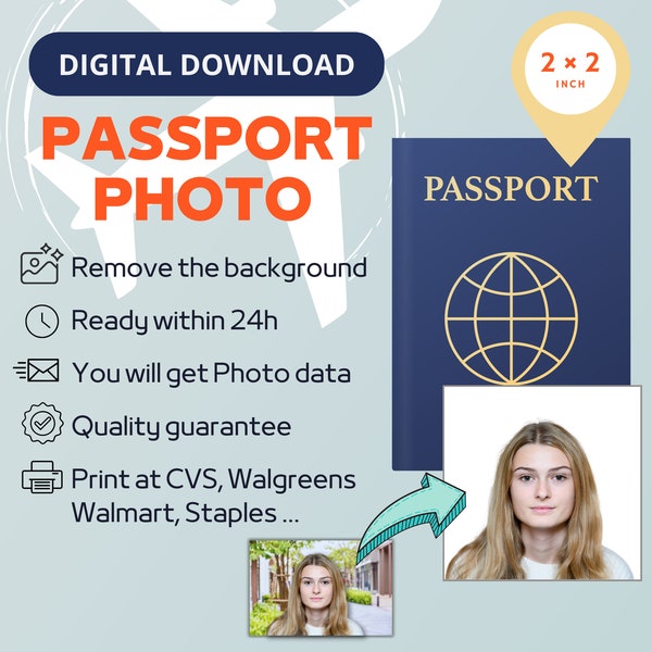 DIGITAL Passport, VISA photo, Size 2×2 inch photo ready to print at CVS, Walgreens, Walmart, and more.