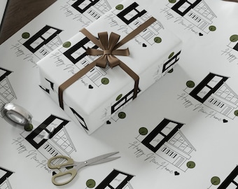 Inwijdingsfeest inpakpapier, nieuw huis cadeaupapier, gelukkig nieuw huis cadeauverpakking, aangepaste gefeliciteerd cadeauverpakking, makelaar cadeauverpakking