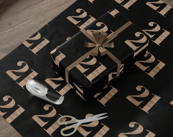 Papier d’emballage du 21e anniversaire, emballage cadeau noir et or du 21e anniversaire, papier d’emballage pour le 21e anniversaire, emballage cadeau de luxe, vingt et un anniversaire