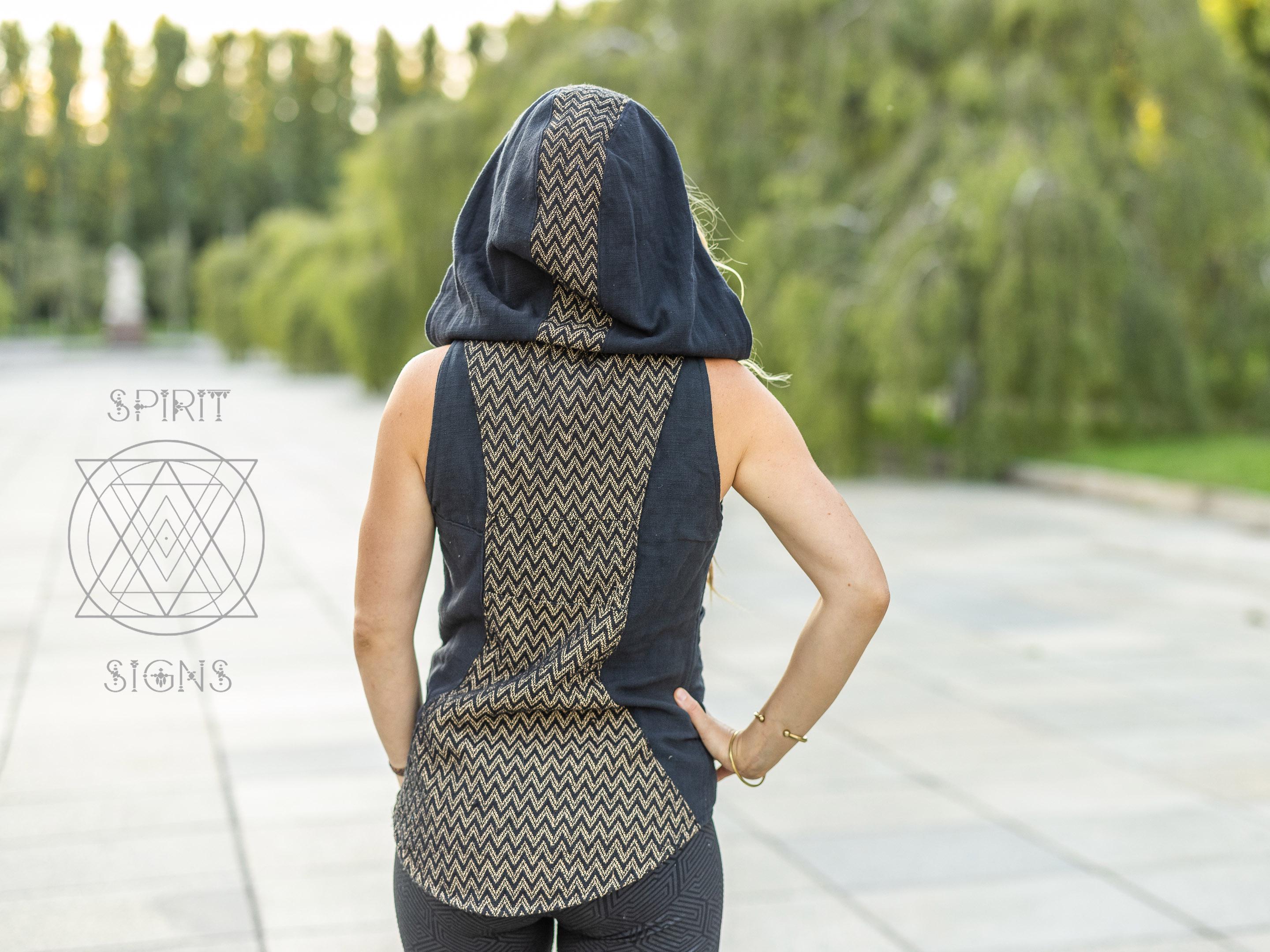 Handmade Vest With Hood and Zipper Made of Khadi/cotton, Black