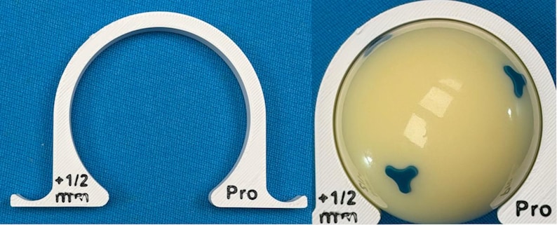 May include: Two-part image showing a white, semi-circular tool with the text "+1/2 mm" and "Pro". The second part shows a yellow sphere with three blue shapes. The background is a solid blue.