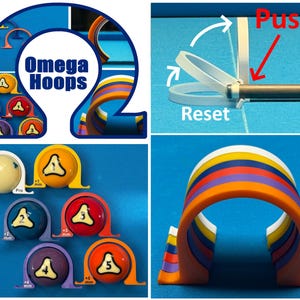 以下が含まれることがあります： 「Omega Hoops」のロゴ、リセット機構付きのキュー、番号付きのマーキングが付いたいくつかの色のフープなど、ビリヤードアクセサリーのコレクション。 フープはボールの配置を測定するように設計されており、測定値はミリメートル単位です。